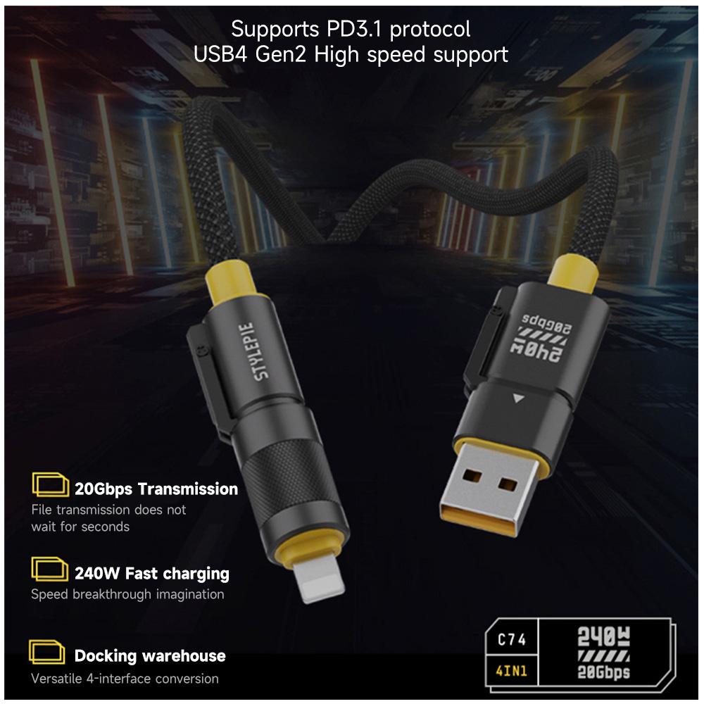 New 240w 4 in 1 Multifunctional Usb4.0 20Gbps Pd100w Zinc 5A Fast Charging Cable for Iphone 15 Android Notebook