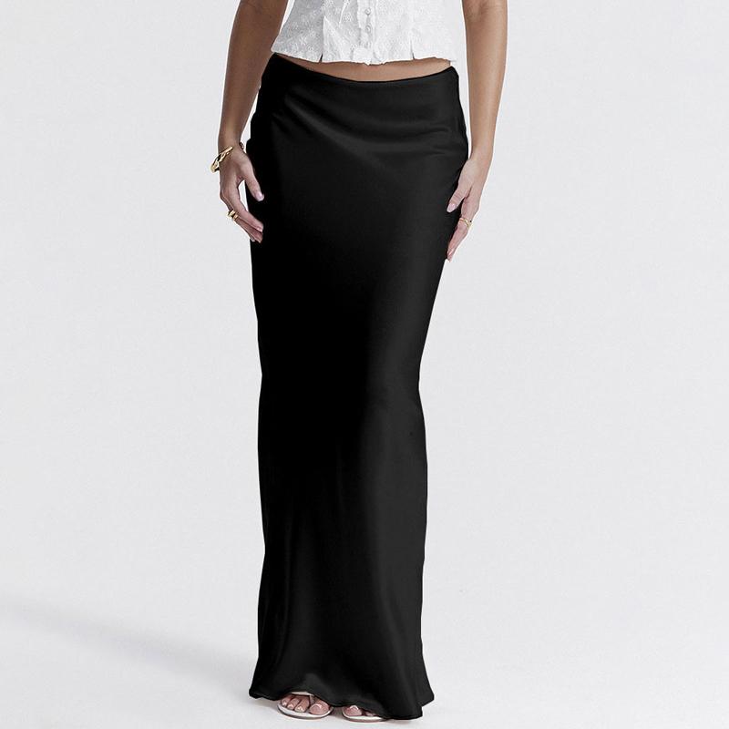 Черная атласная юбка-макси для женщин, высокая талия, кружевные боковые тонкие облегающие юбки-карандаши, женская элегантная клубная вечерние юбка
