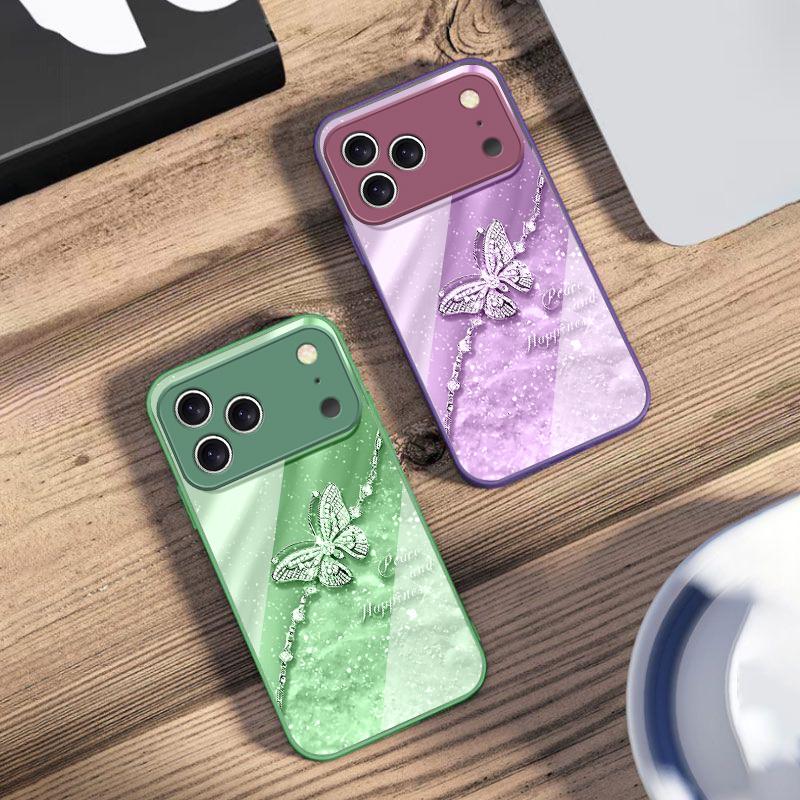 Элегантная синяя бабочка Для iPhone 17 Air 16 E 15 14 13 Plus 12 mini 11 17 Pro Max XR Xs Max 16E 7 8 Закаленное стекло Чехол для телефона