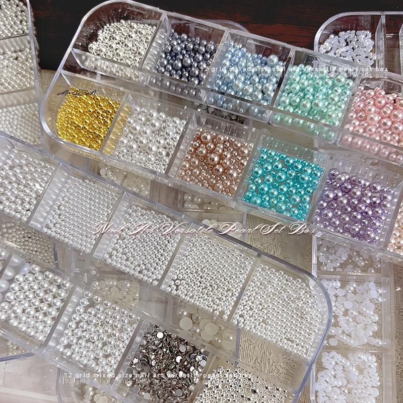 6/12 Grids/Box Colorful Round Pearls Nail Beads Charms Caviar Jewels Half Round Pearl Gems for DIY Nail Art Decoration