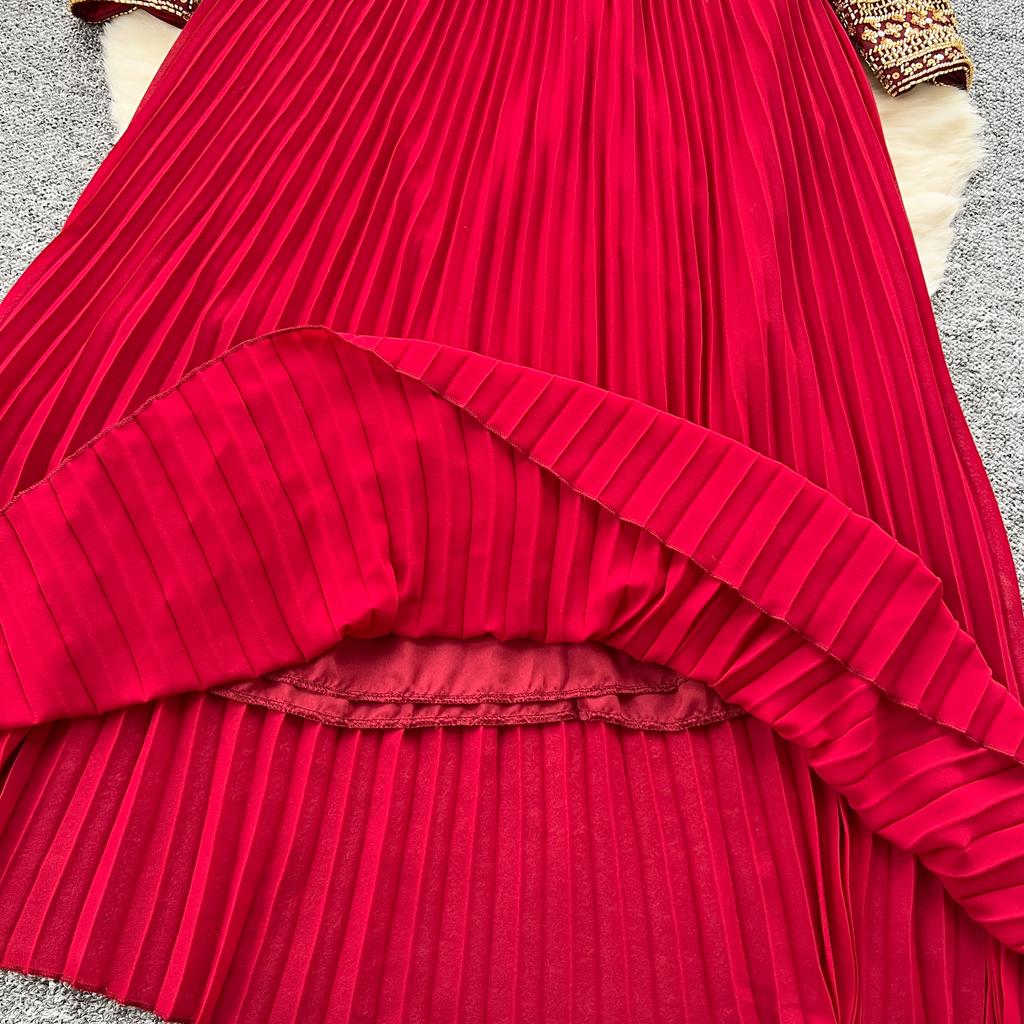 Temperament Robe Femme Maxi Dresses for Women Long Sleeve O-neck Sequin Slim Waist Vintage Pleated Dress 2025 Vestidos De Mujer