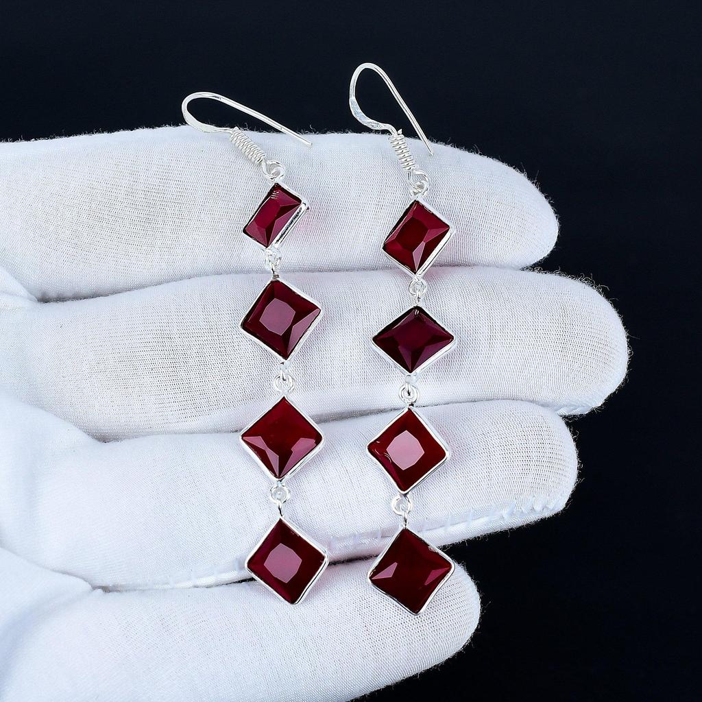 Red Ruby Gemstone Earrings, 925 Sterling Silver Earrings, Handmade Silver Earrings For Gift, Red Ruby Dangle Earrings Christmas Gift