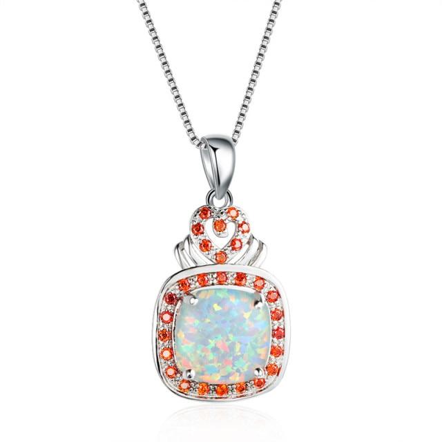 Большие Женские Квадратные Белые Оранжевые Огненные Опаловые Каменные Подвески Ожерелья Свадебное Случай Вечеринка Мероприятие Свадебное Случай Украшения Ретро Стильные Стильные Серебро