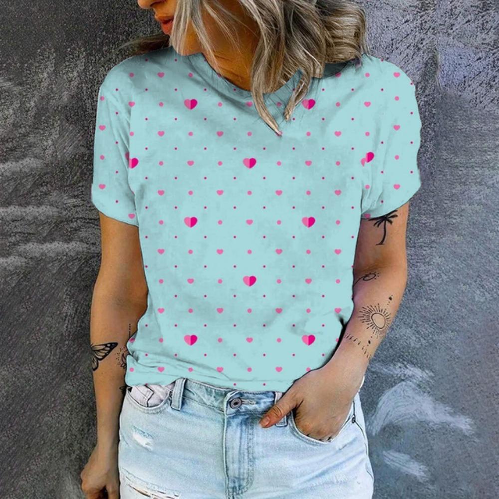 Женская футболка, модная розовая футболка с принтом в виде сердца, женская футболка для отдыха с коротким рукавом, популярная футболка лета 2024 года