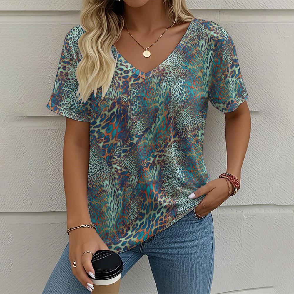 Летняя винтажная женская футболка Повседневная графическая печать Одежда больших размеров Верхняя одежда с V-образным вырезом и коротким рукавом Футболки уличной моды