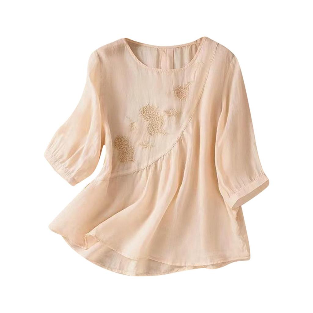 Женская модная футболка однотонная вышитая из хлопка и льна, топ больших размеров