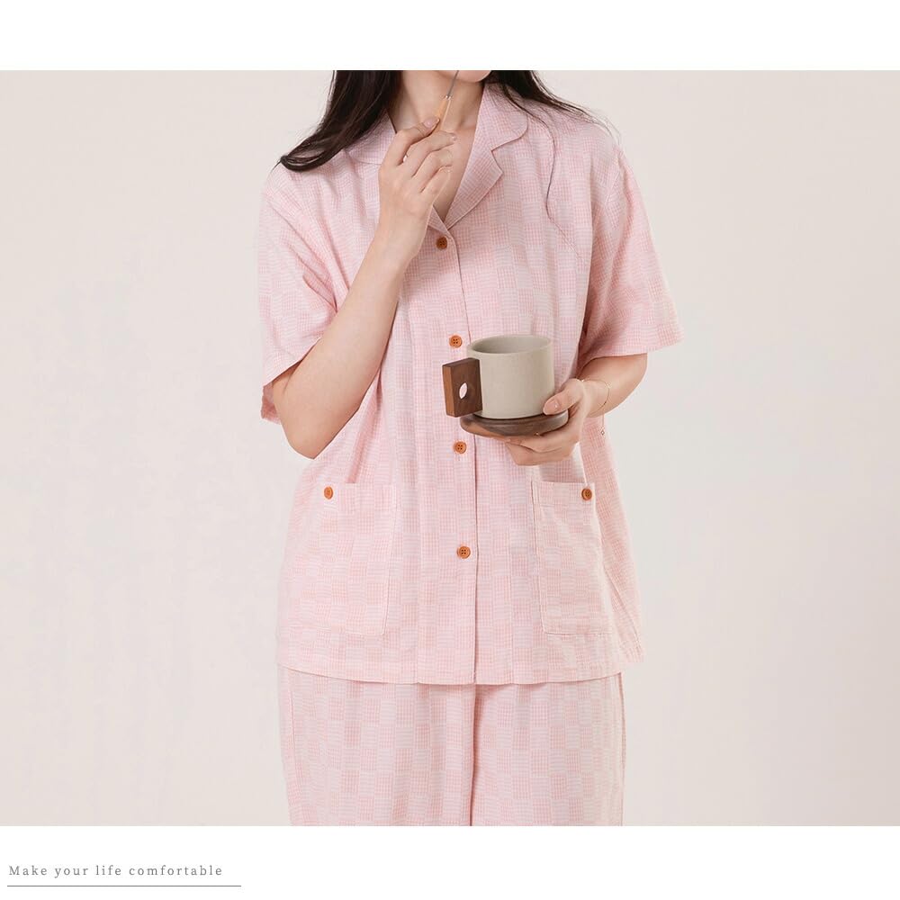 Да Семейный комплект женских пижамных шорт из двойной марли в клетку размера M, 100% хлопок, рукава, узор, розовый,