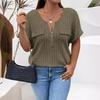 New Solid Color Plus Size Women's Blouse Zipper Short-sleeved Fake Pocket Pullover T-shirt Loose