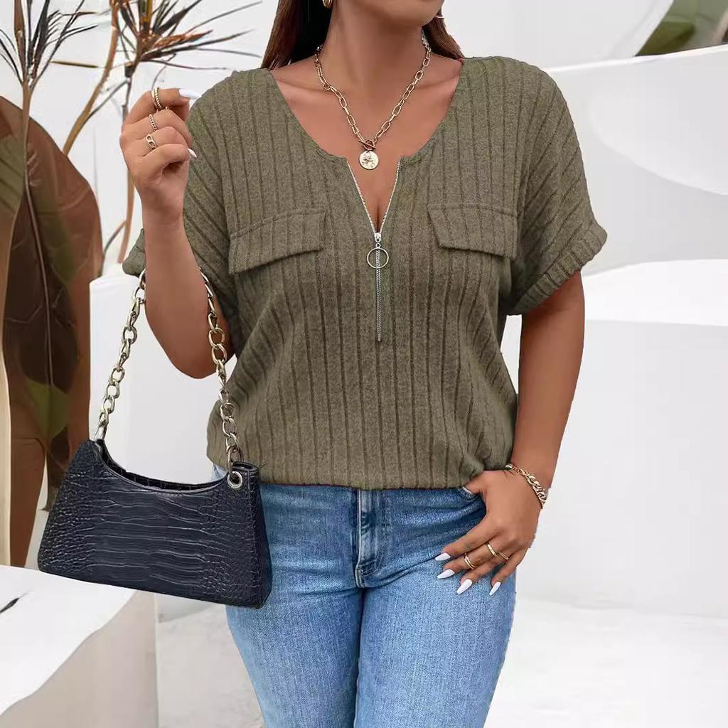 New Solid Color Plus Size Women's Blouse Zipper Short-sleeved Fake Pocket Pullover T-shirt Loose