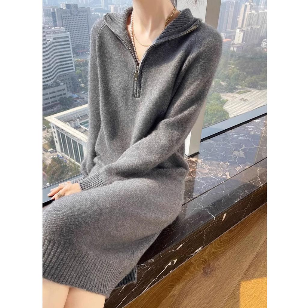 Semi-turtleneck Zipper Sweater Skirt Autumn and Winter New Lazy Long Loose Large Size Knitted Dress Women