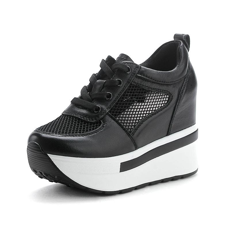 Модные 10 см Воздушная сетка Натуральная кожа Женские Удобные Весенняя мода Массивные кроссовки Балетки Ботильоны Платформа Клиновидные кроссовки Летняя обувь