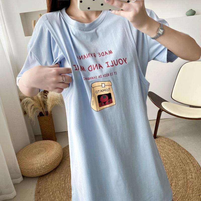 Maternity and Nursing Summer T-Shirts: Fashionable, Loose-Fit, Short-Sleeve Mid-Length Dresses with Printed Designs