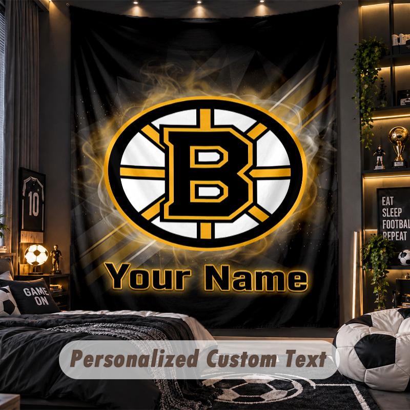 TapestryBoston Bruins Custom Name Text Personalized Wall Hanging Tapestry Home Wall Decor