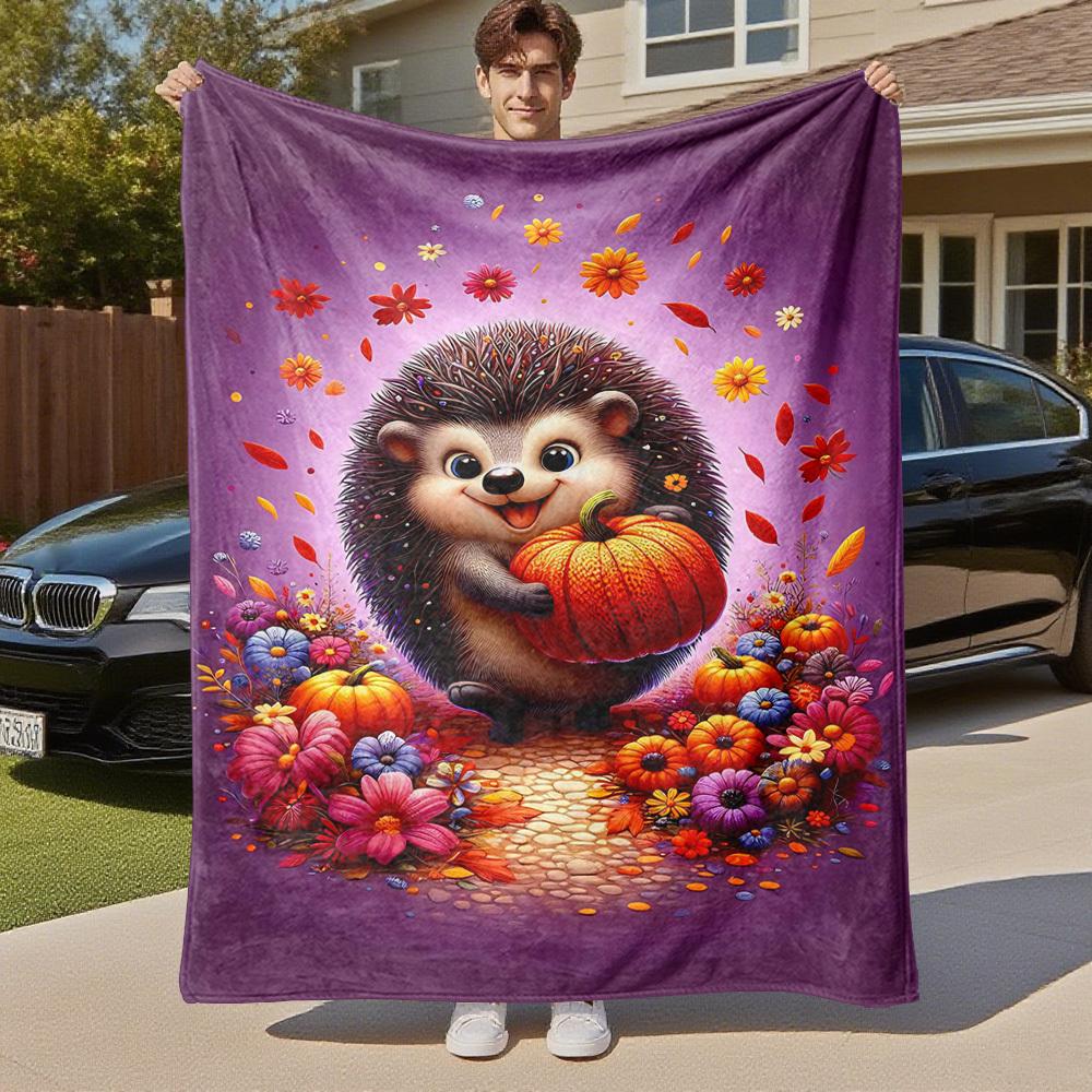 1PC Hedgehog, PumpkinOutdoor Flannel Blanket - Soft Plush Decor for Picnics, camping, Bedroom, Playroom, Office, or Lunch Break 1323A