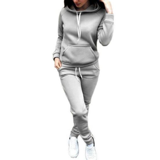 2 Pcs/Set Women Hoodie Pants Suit Solid Color Plush Long Sleeves Thick