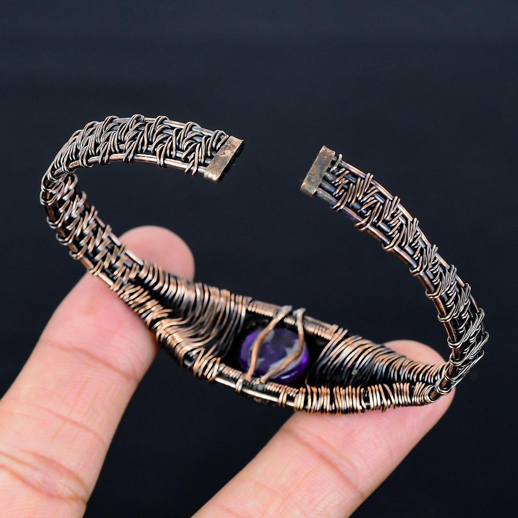 Украшения из аметиста, браслет-манжета, обмотанный проволокой из чистой меди, ювелирные изделия из проволоки с драгоценными камнями,