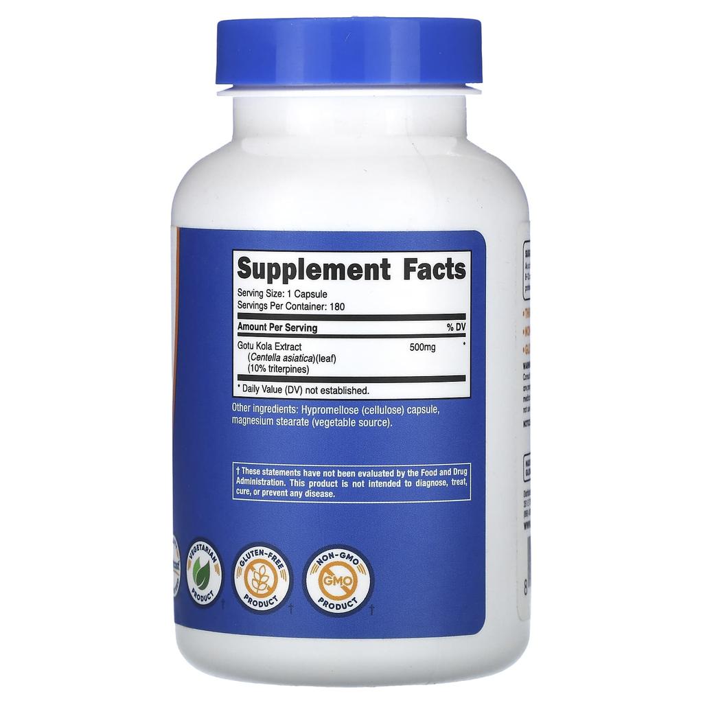 Nutricost, Готу Кола, 500 мг, 180 капсул