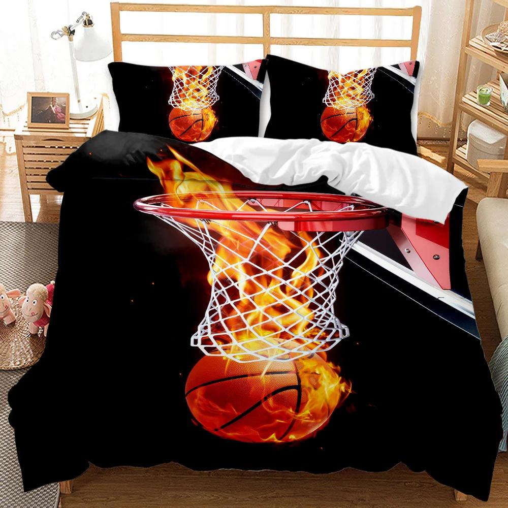 3Pc Fire Basketball Bedding Microfiber Queen/King Size Sports Comforter Set For Teen Boys,2 Pillowcase And 1 Polyester Cover
