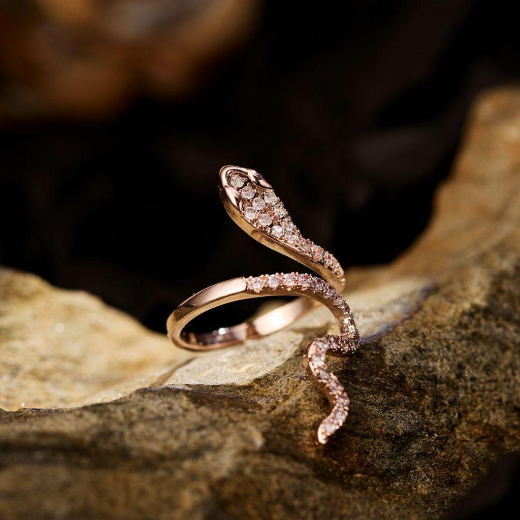 European & American Style Adjustable Copper Ring with Micro-Inlaid Sparkling Zircon and Serpent Design