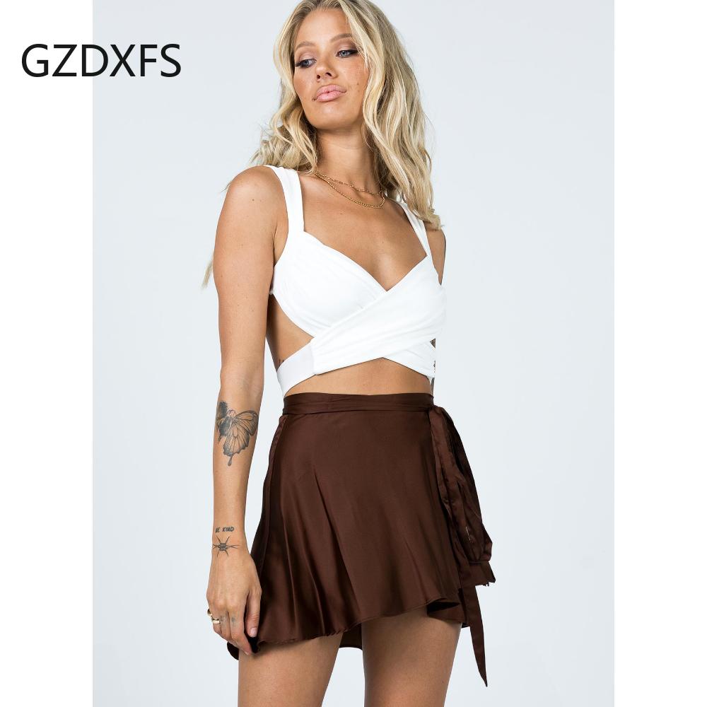 Сплошная цветная юбка с высокой талией, модная цельная короткая юбка на шнуровке, шифоновая атласная юбка с запахом