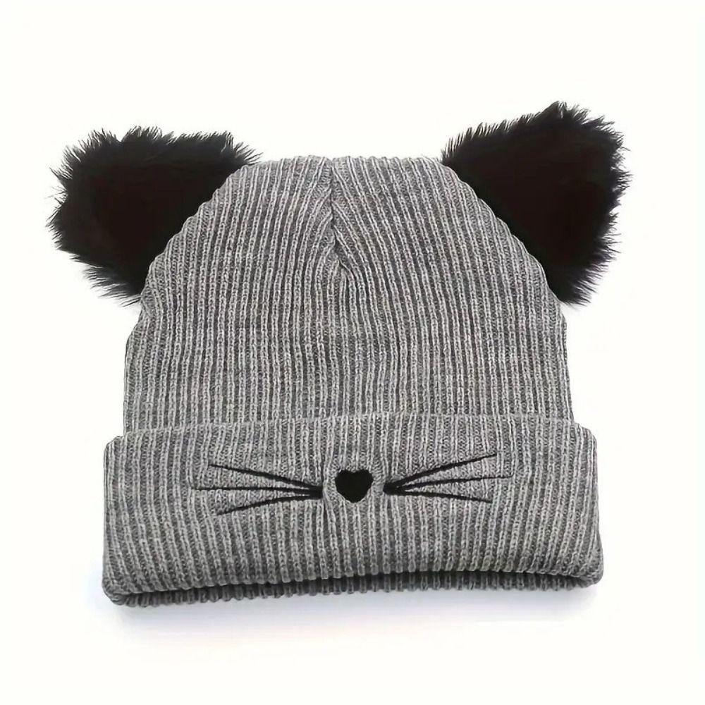 Embroidery Cat Ear Beanie Faux Fur Skull Cap Streetwear Winter Hat Autumn Winter