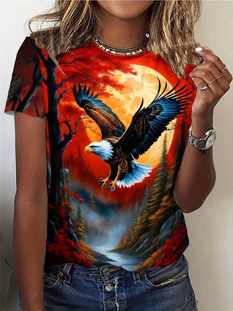 2024 Лето Новая женская футболка с 3D-цифровым принтом, креативный анималистичный узор, круглый вырез, повседневный свободный модный топ с коротким рукавом