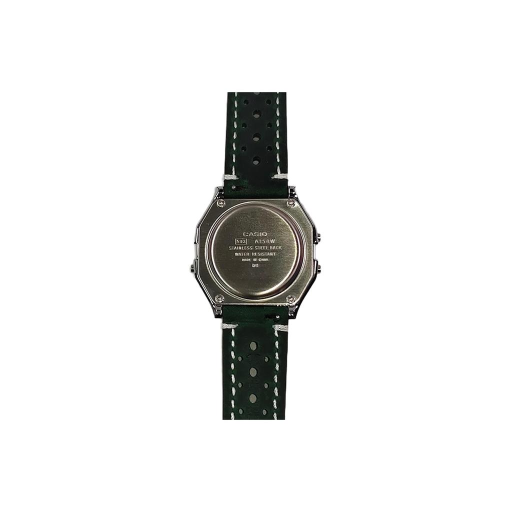 Casio Часы с кварцевым механизмом, кожаным ремешком, зеленым циферблатом, унисекс, A158WA-1(Часы1100--)