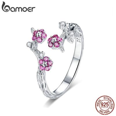 BAMOER 100% Серебро 925 Проволочная Зимняя Цветущая Слива Открытые Кольца для Женщин Свадебные Помолвочные Украшения BSR022