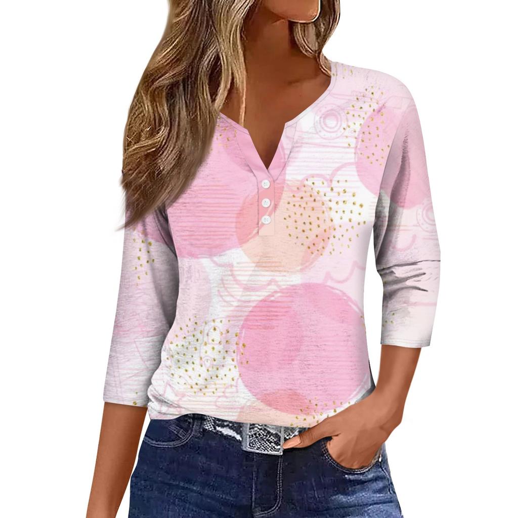 Женская модная повседневная футболка с коротким рукавом и V-образным вырезом, декоративными пуговицами и рукавом три четверти