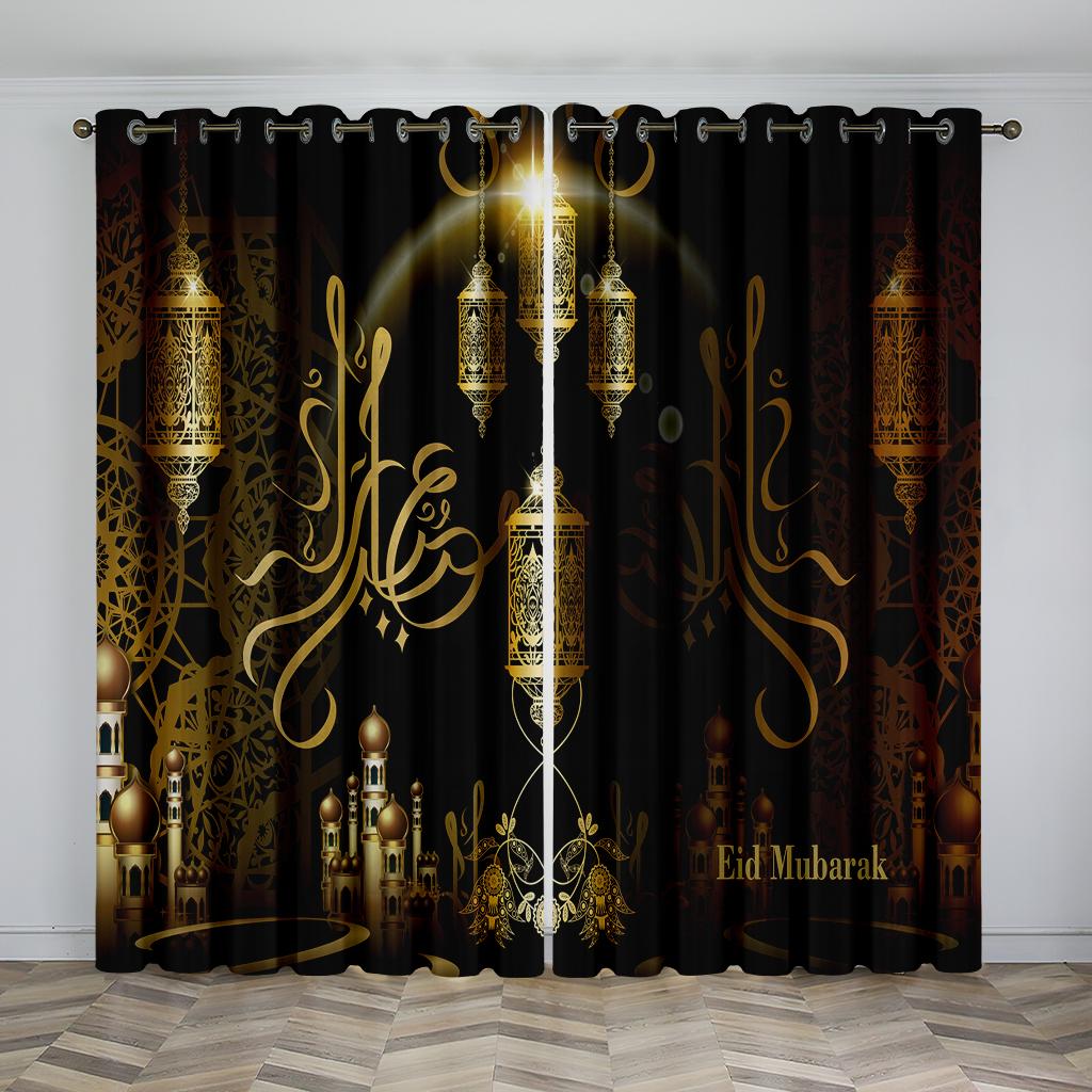 Luxury Eid Al Fitr Home Decor Sun Shade Curtains 2 Panel Islamic Ramadan Festival Curtains Living Room Bedroom Decor Curtains