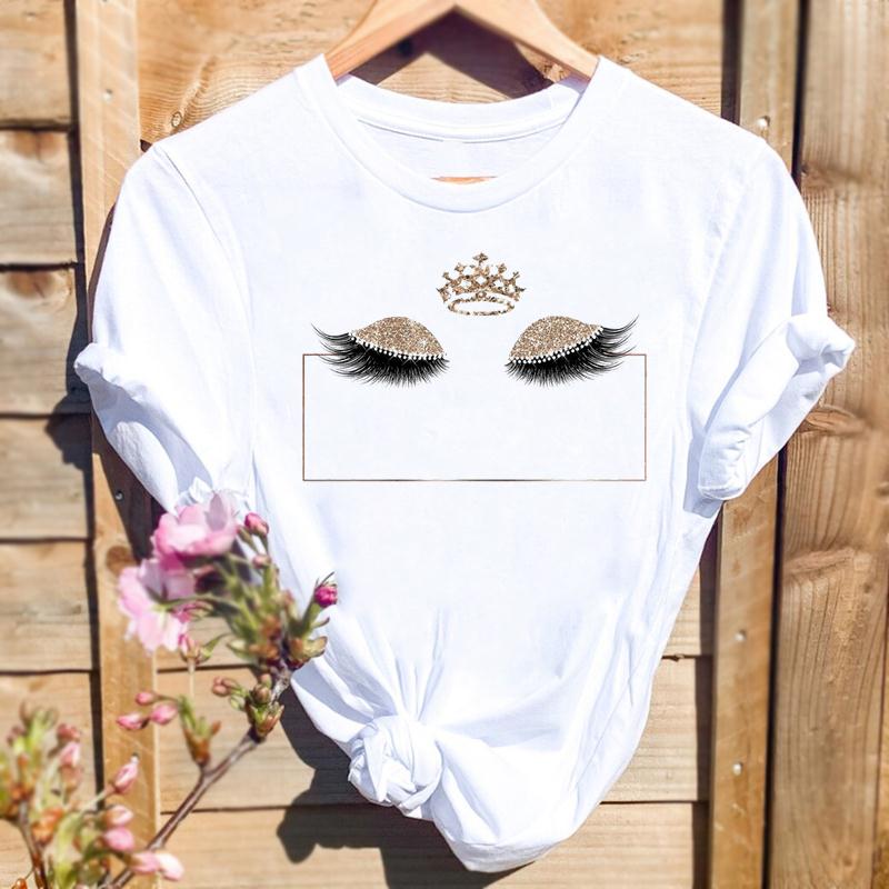 Women Print T-shirts Watercolor Eye Lashes Eyelashes Trend Graphic Tops Fashion Short Sleeve Summer Shirt Female Tees