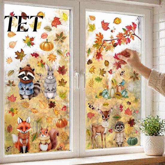 Removable Maple Leaf Decals 9 Sheets Fall Woodland Animals Window Clings, Autumn Pumpkin Scene Layout Supplies Squirrel Fox Rabbit Glass Sticker, Anti