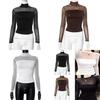 Womens Long Sleeve Basic T Shirt With Sheer Panel And High Neck For Casual Wear