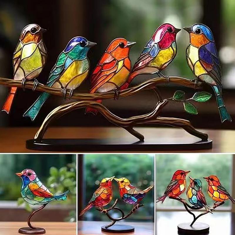 Stained Acrylic Birds On Branch Desktop Ornaments, Double Sided Multicolor Style Birds Craft Statue Desktop Ornaments