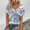 2024 женская футболка с v-образным вырезом в стиле ретро, ​​футболка с цветочным принтом кешью, летняя модная популярная футболка с короткими рукавами для отдыха