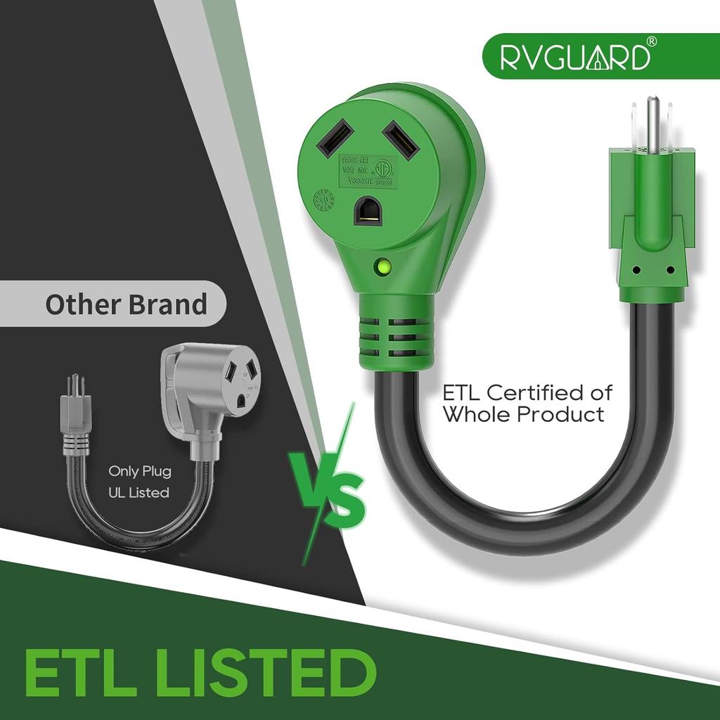 RVGUARD 30 Amp To 110 Volt RV Adapter Cord 12 Inch, NEMA 5-15P To NEMA TT-30R Electrical Power Adapter With LED Power Indicator, Green, ETL Listed