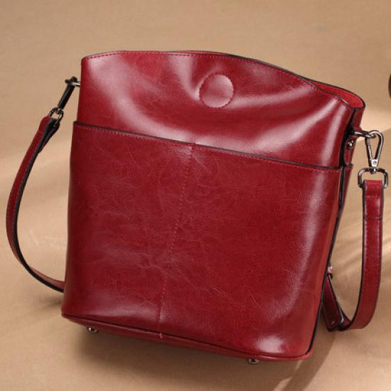 Women's Bag Genuine Leather Fashion Single Shoulder Bag Casual Versatile Simple Crossbody Bag Bucket Bag European and American Retro Style