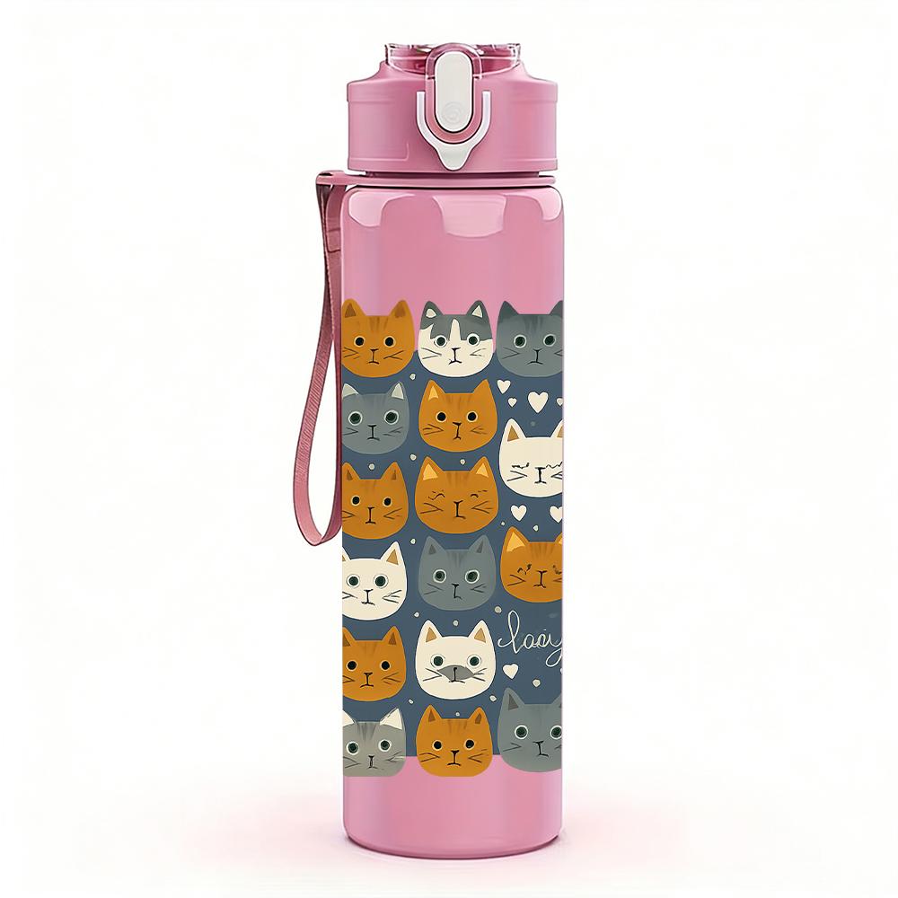 1PC Cartoon Cat Grid Layout 750ml Color Plastic Sports Water Bottle Leakproof Flip Straw Lid For Sports Office Home Use