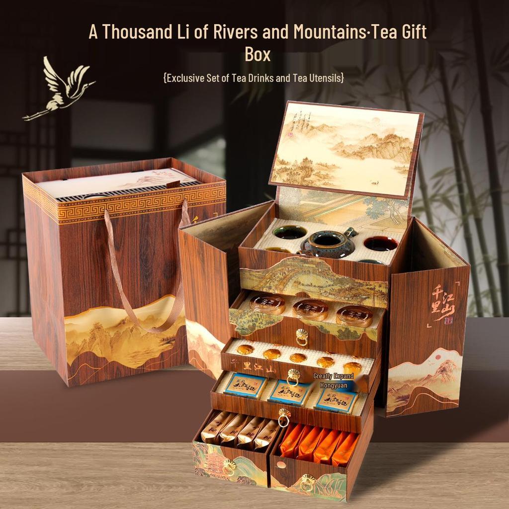 Подарочная коробка для премиального чая: Улун, Черный, Пуэр и Жасмин - Коллекция «Тысяча ли рек и гор»