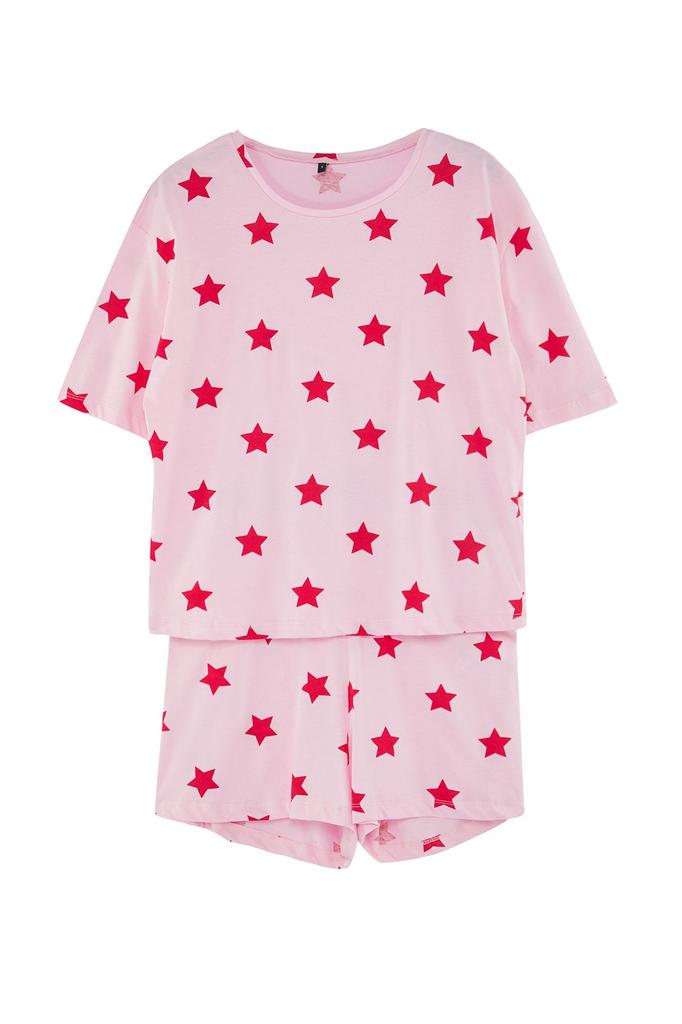 Women's Fashion Pink-Multicolored 100% Cotton Star Patterned T-shirt-Shorts Knitted Pajama Set