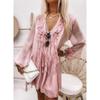 Women's Fashion Spring Fall Solid Color Print Long Sleeve V-Neck Loose Waistline Casual Dresses