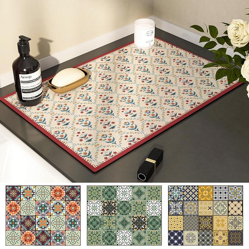 Kitchen Dish Mat Absorbent Dining Table Mats Retro Non-Slip Drain Pad Draining Placemat Coffee Dish Tableware Mat For Home Decor