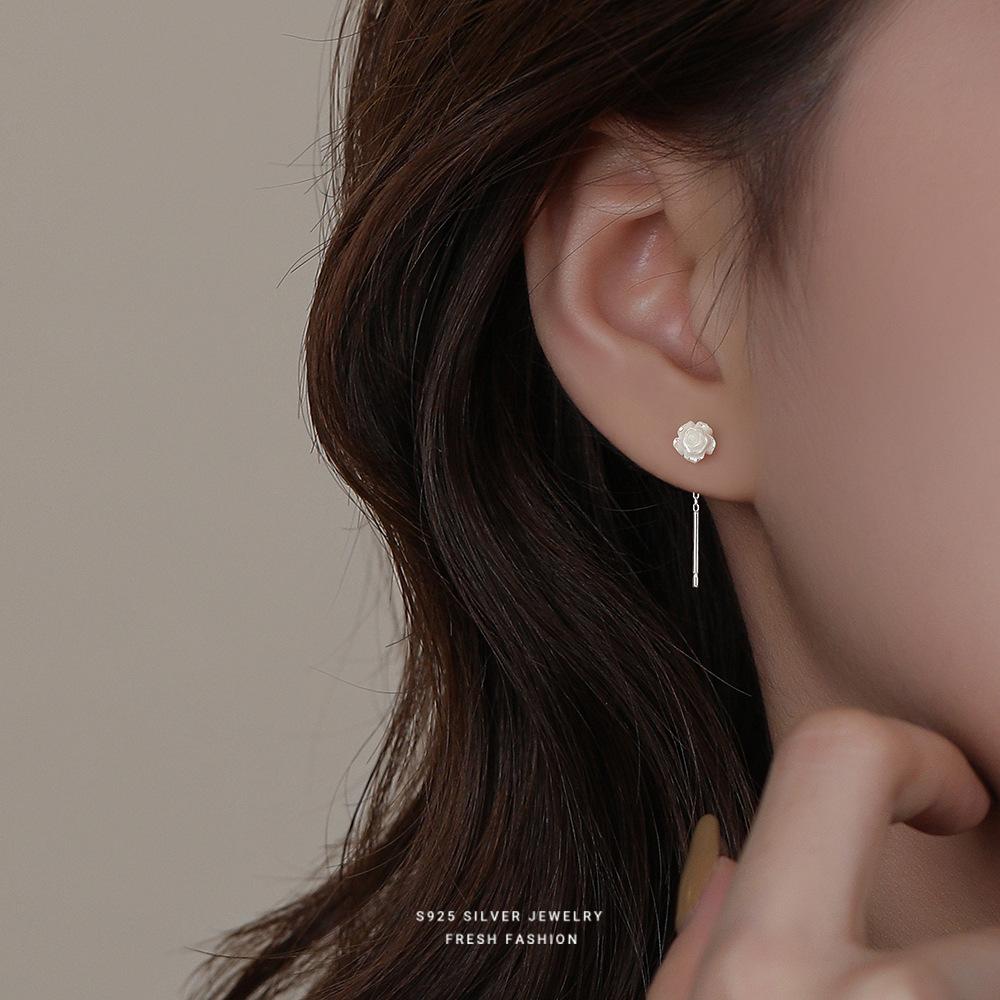 925 Sterling Silver Camellia Ear Line Resin Flower Tassel Delicate Earrings for Women