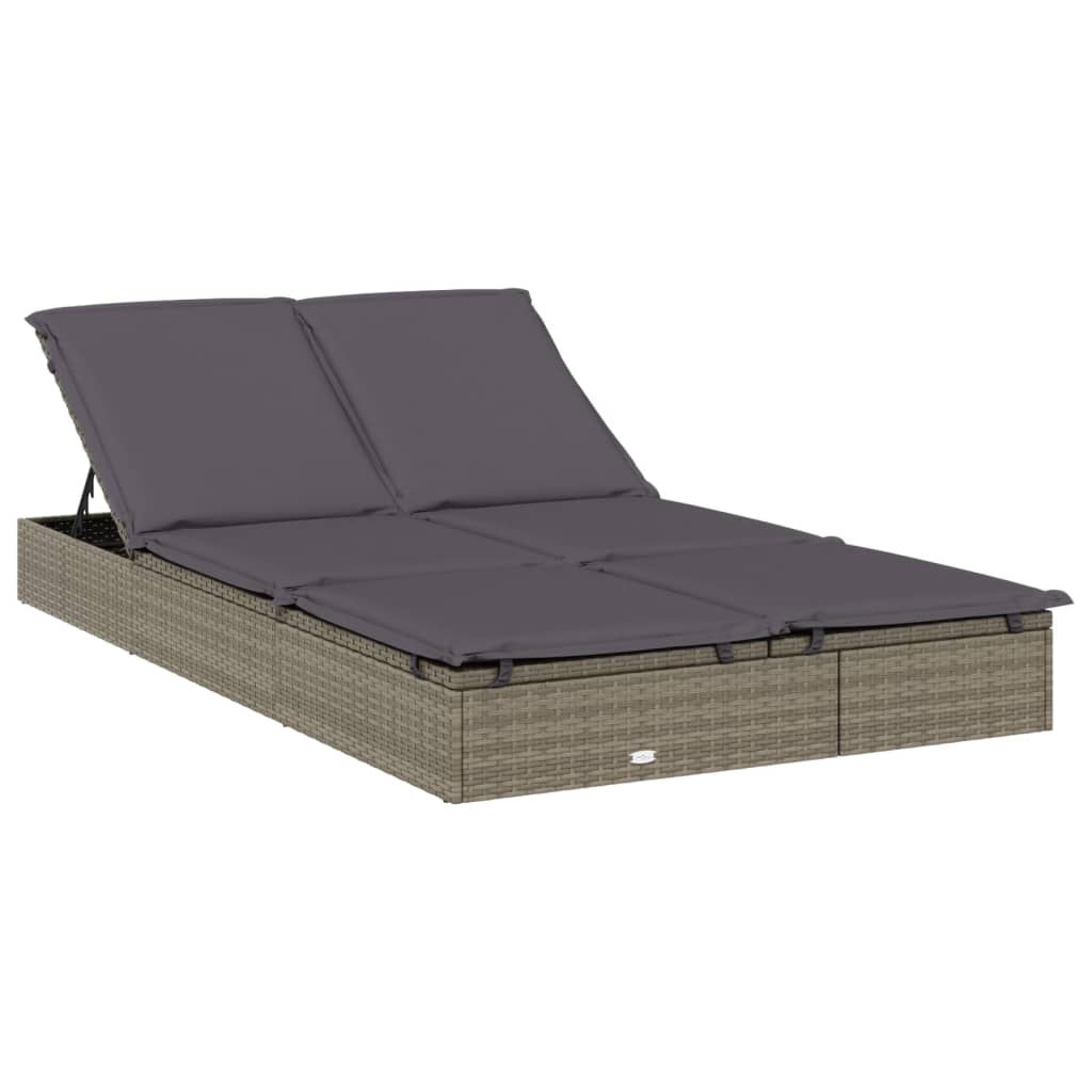 2 Person Sun Lounger with Cushions Grey Poly Rattan