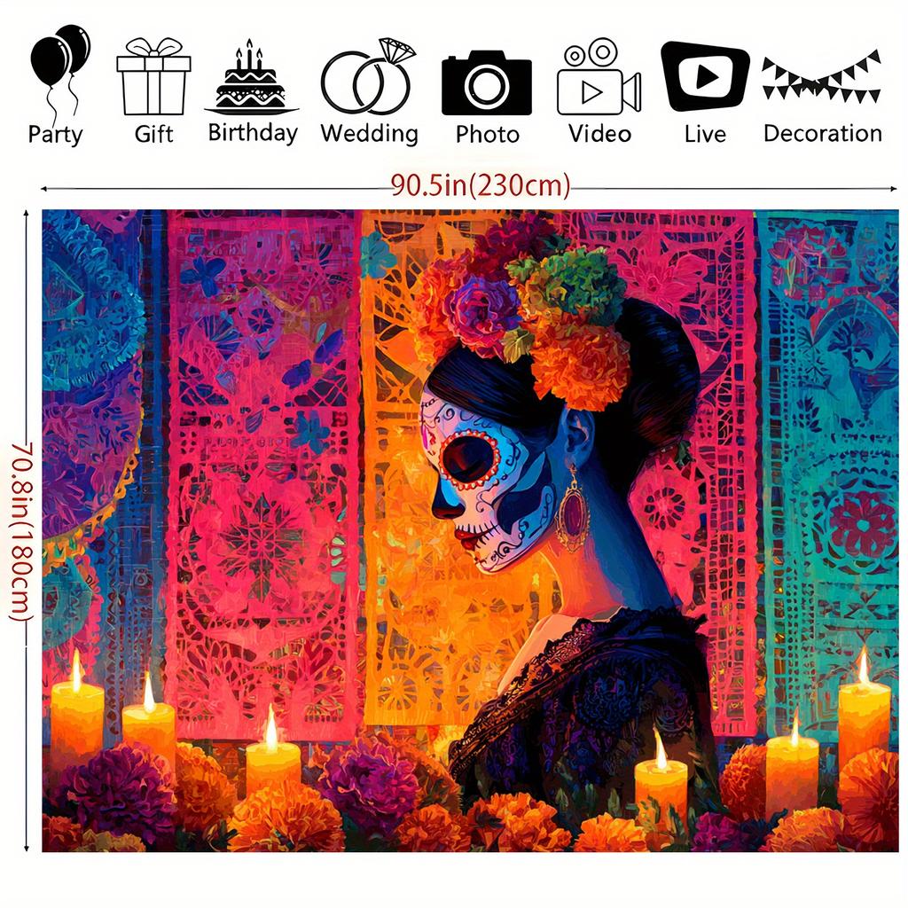 1pc Oversized Dia de los Muertos banner - Background with Sugar Skull woman, Halloween Grand Party decoration