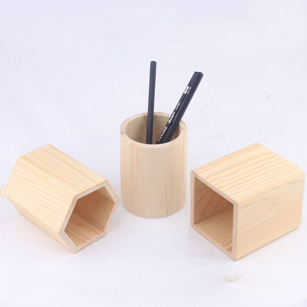 Round/Hexagonal/Square Pen Holder Wooden Makeup Brush Holder Desktop Organizer  Students
