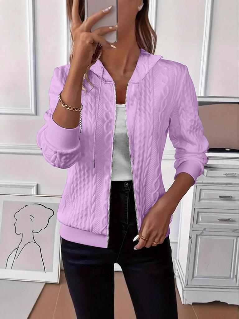 2025 Women's Solid Color Long Sleeve Knitted Hooded Zip-Up Jacket