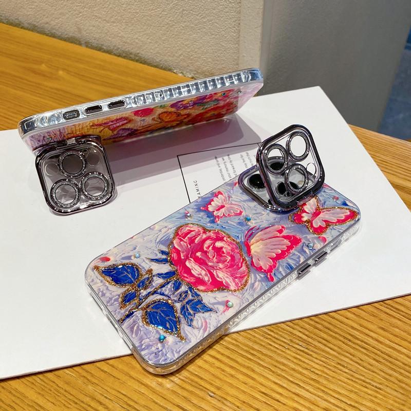 Applicable To IPhone16 Oil Painting Rose Mobile Phone Case Apple 15Pro Flash Powder Lens Film Stand 14 Protective Cover