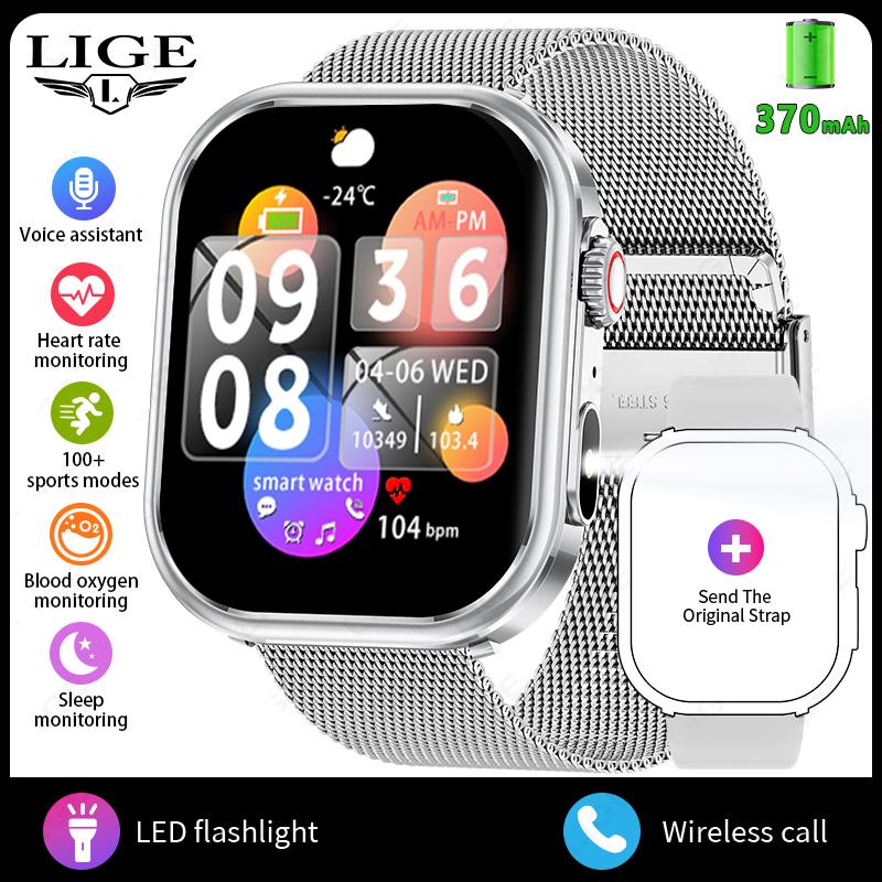 LIGE Новые умные часы 2,01-дюймовые с Bluetooth-звонком, водонепроницаемые для занятий спортом на открытом воздухе, мужские умные часы