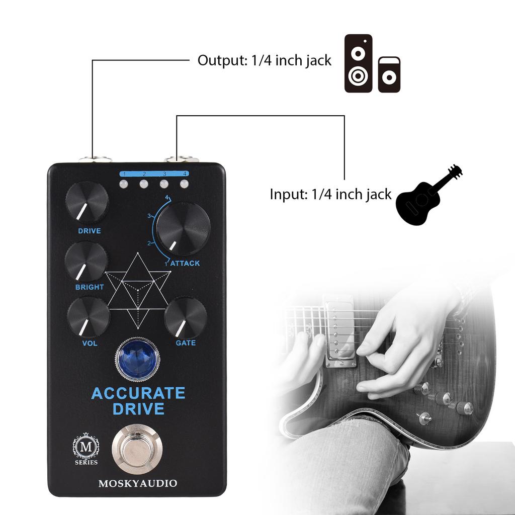 MOSKYaudio ACCURATE DRIVE Гитарный привод Бас Педаль эффектов Громкость/Яркость/Драйв/Гейт/Атака-4 Режим DC